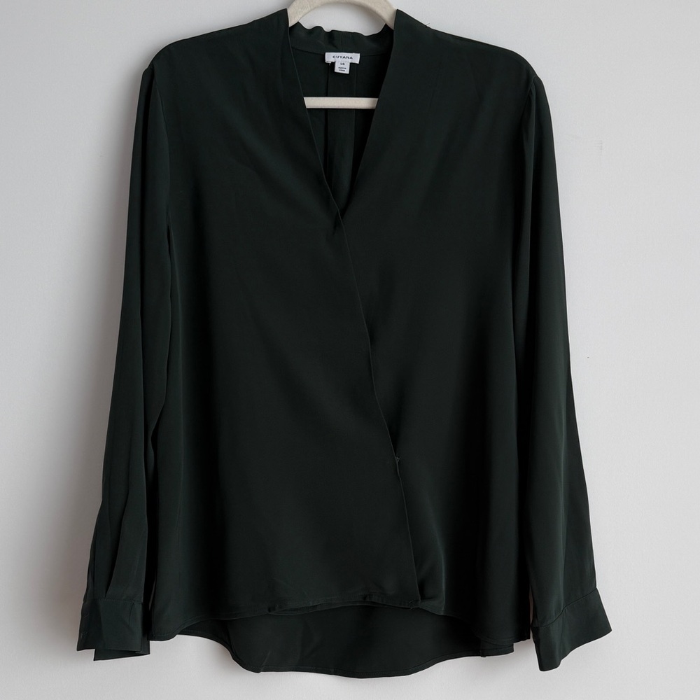 Cuyana Dark Green Wrap-Style Long Sleeve Blouse